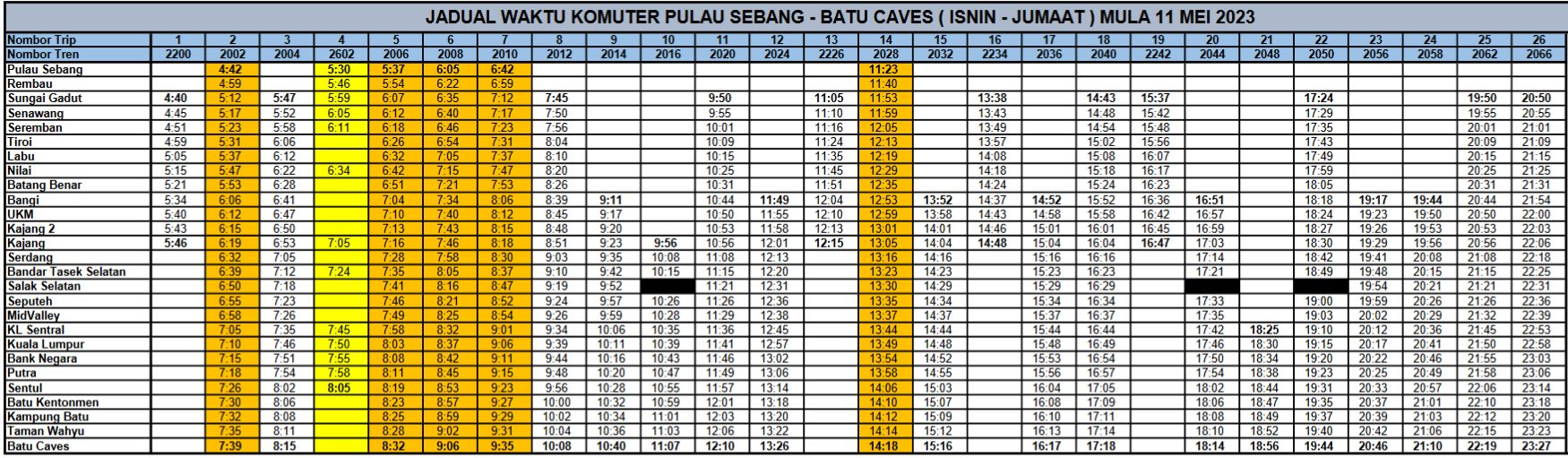 KTM Komuter Tampin Batu Caves Route Timetable Jadual Pulau Sebang 2023